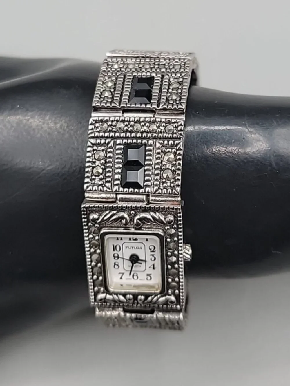 Futura Tank Ladies Quartz Watch 20mm Dial Marcasites Silver Tone 6.5” Band
